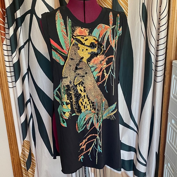 free people movement Tops - FP Movement by Free People Black Tunic with Vibrant Animal Print- beaded